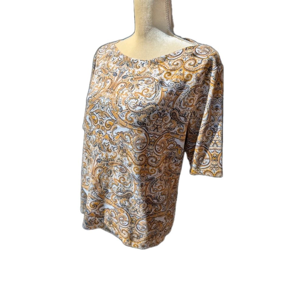 Charter Club Women Size XL 100% Pima Cotton TShirt Yellow Gray Paisley 3/4 Sleev